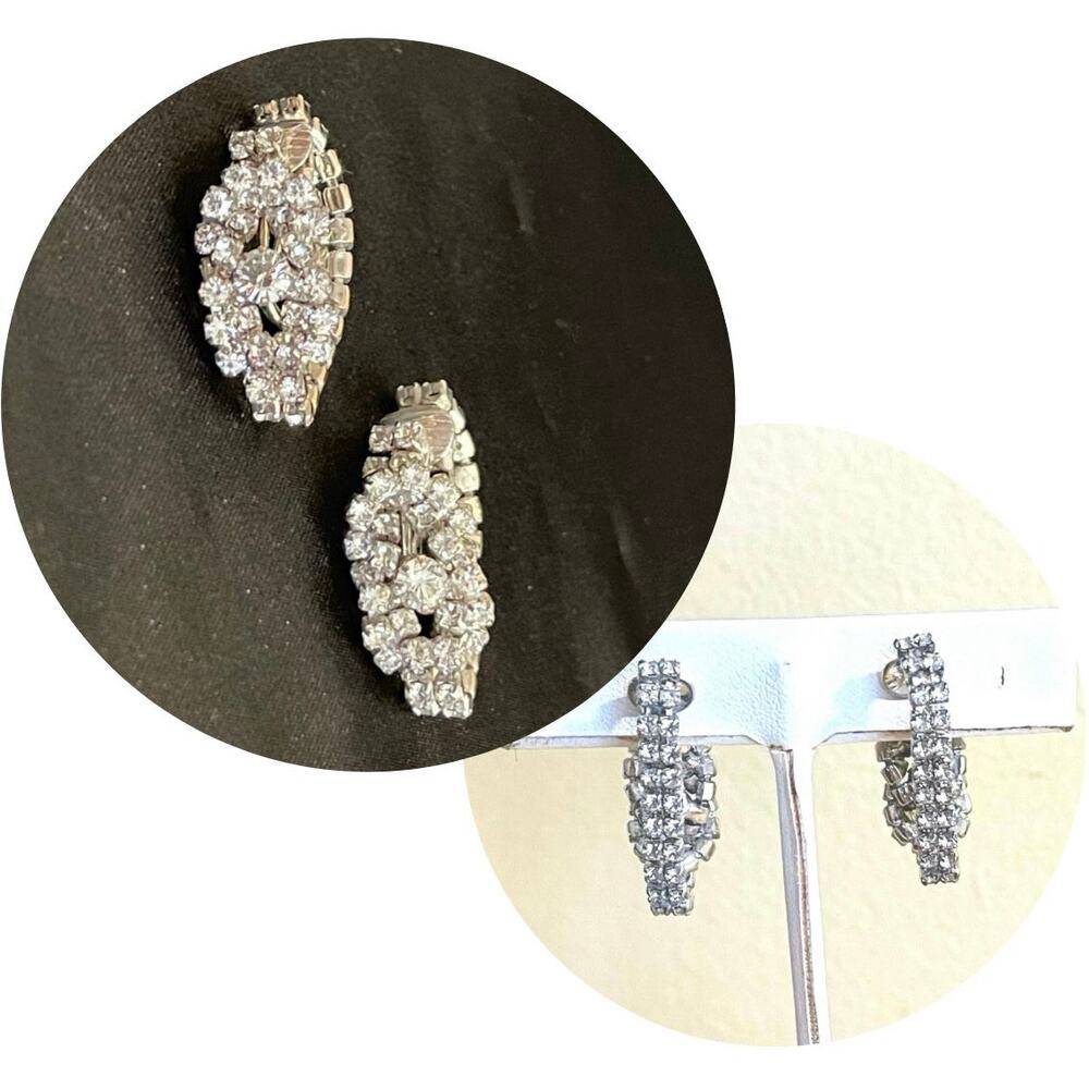 Vtg Clear Rhinestone Art Deco Huggie Hoop Style EARRINGS MCM Bride Formal